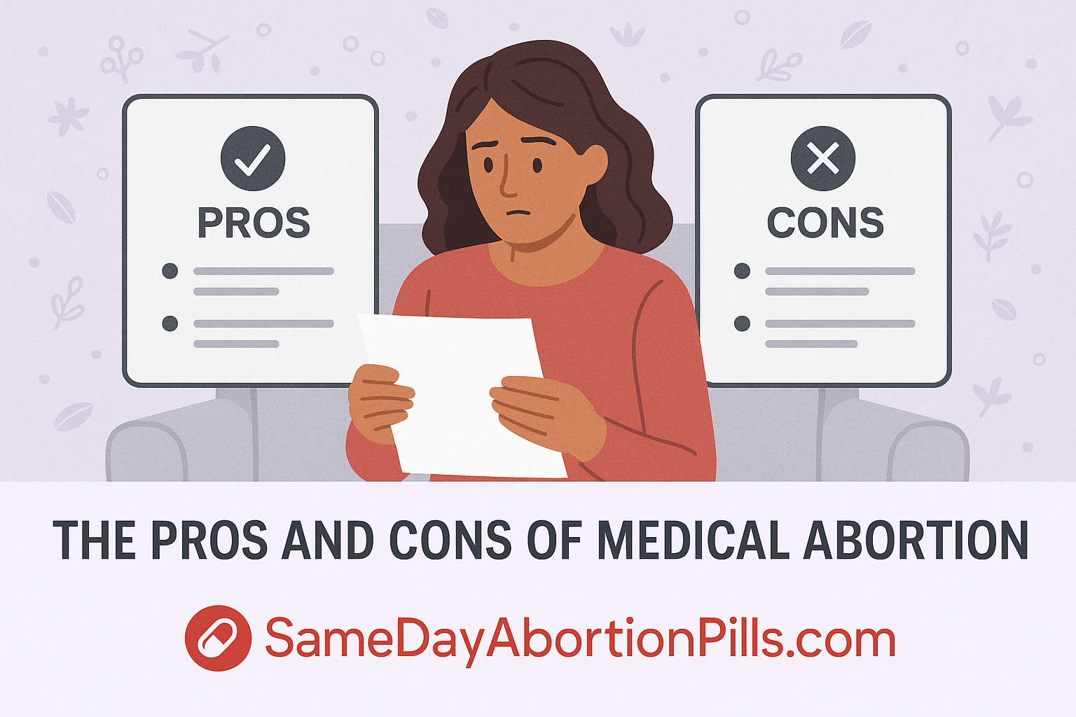 Illustration of a woman considering pros and cons of medical abortion, with charts labeled pros and cons, holding a decision sheet, on SameDayAbortionPills.com