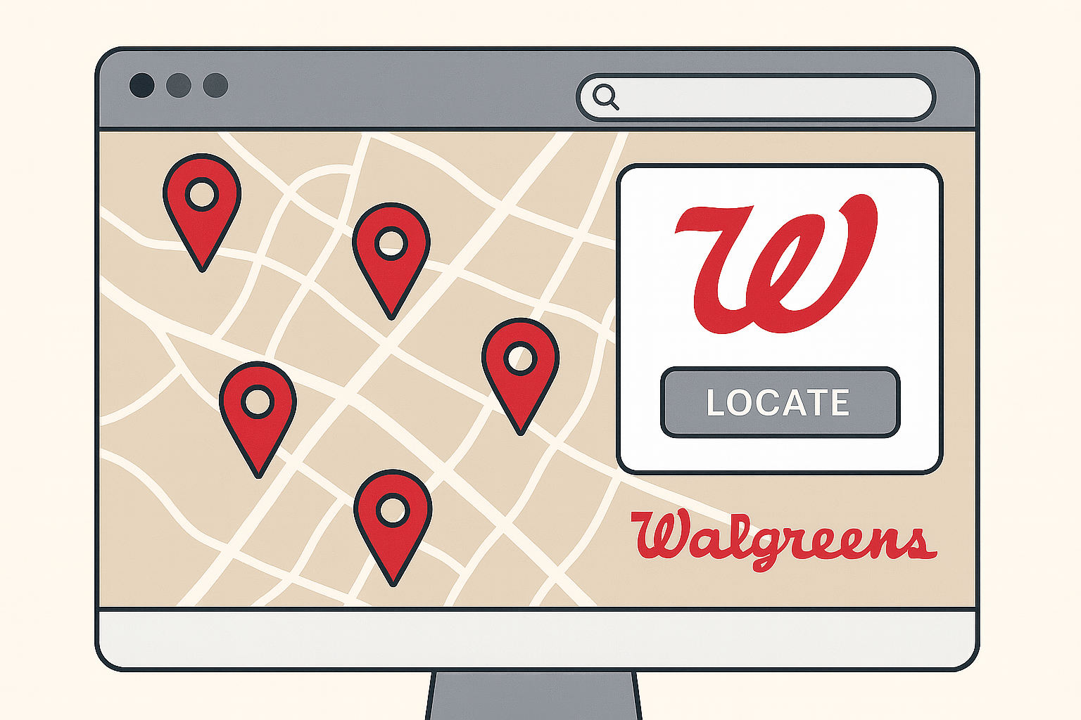 A flat-style digital illustration featuring a map interface and location pins, representing the launch of SameDayAbortionPills' Walgreens Store Locator API for enhanced convenience.