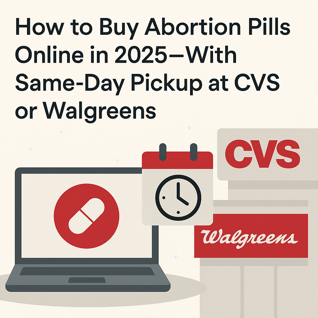 A digital illustration shows a woman receiving abortion pills from a CVS or Walgreens pharmacy counter, representing the convenience of same-day pickup in 2025 following a telehealth appointment