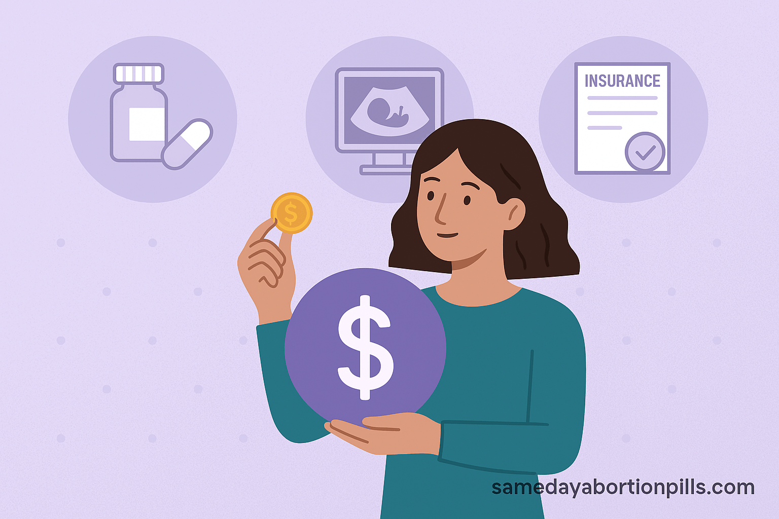 Illustration of a woman holding a coin and a dollar symbol, with icons for pills, ultrasound, and insurance, representing abortion pill cost and coverage in the U.S. in 2025