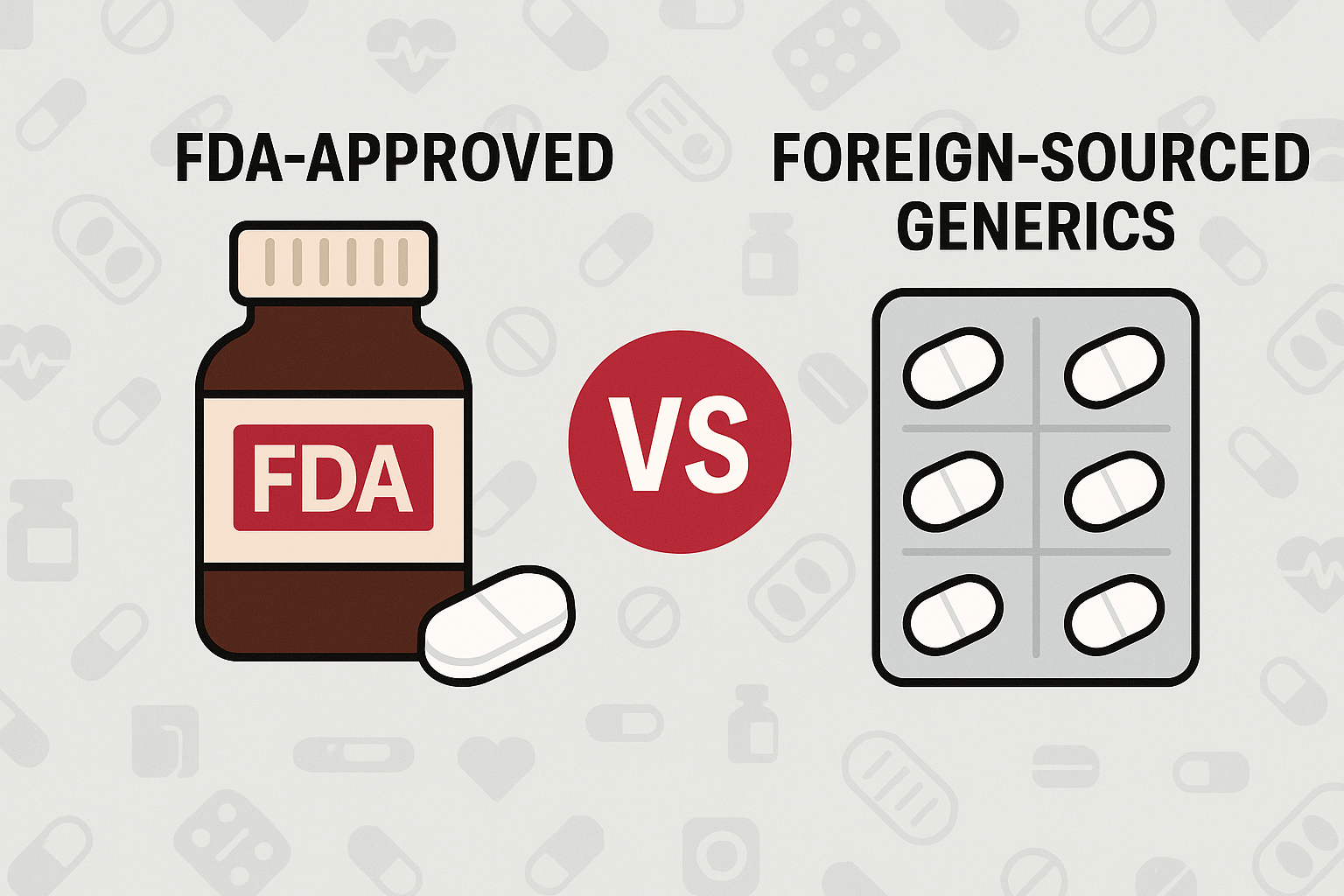 A flat-style digital illustration comparing FDA-approved abortion pills to foreign-sourced generics, highlighting safety, regulation, and origin differences.