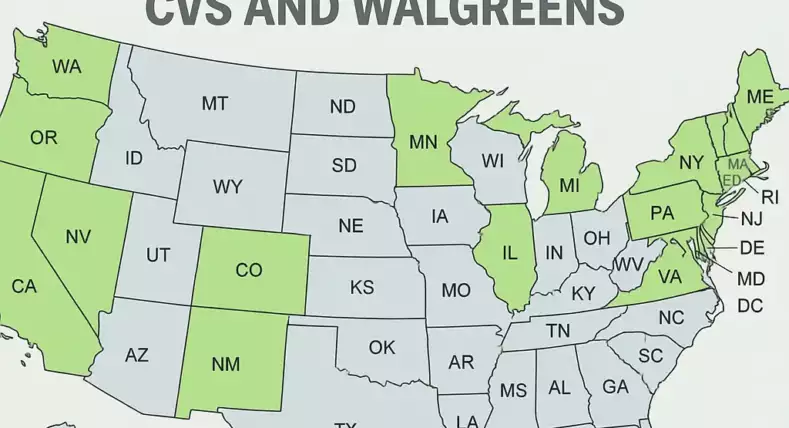 U.S. map highlighting states that allow access to abortion pills via telehealth, including California, New York, Illinois, and others