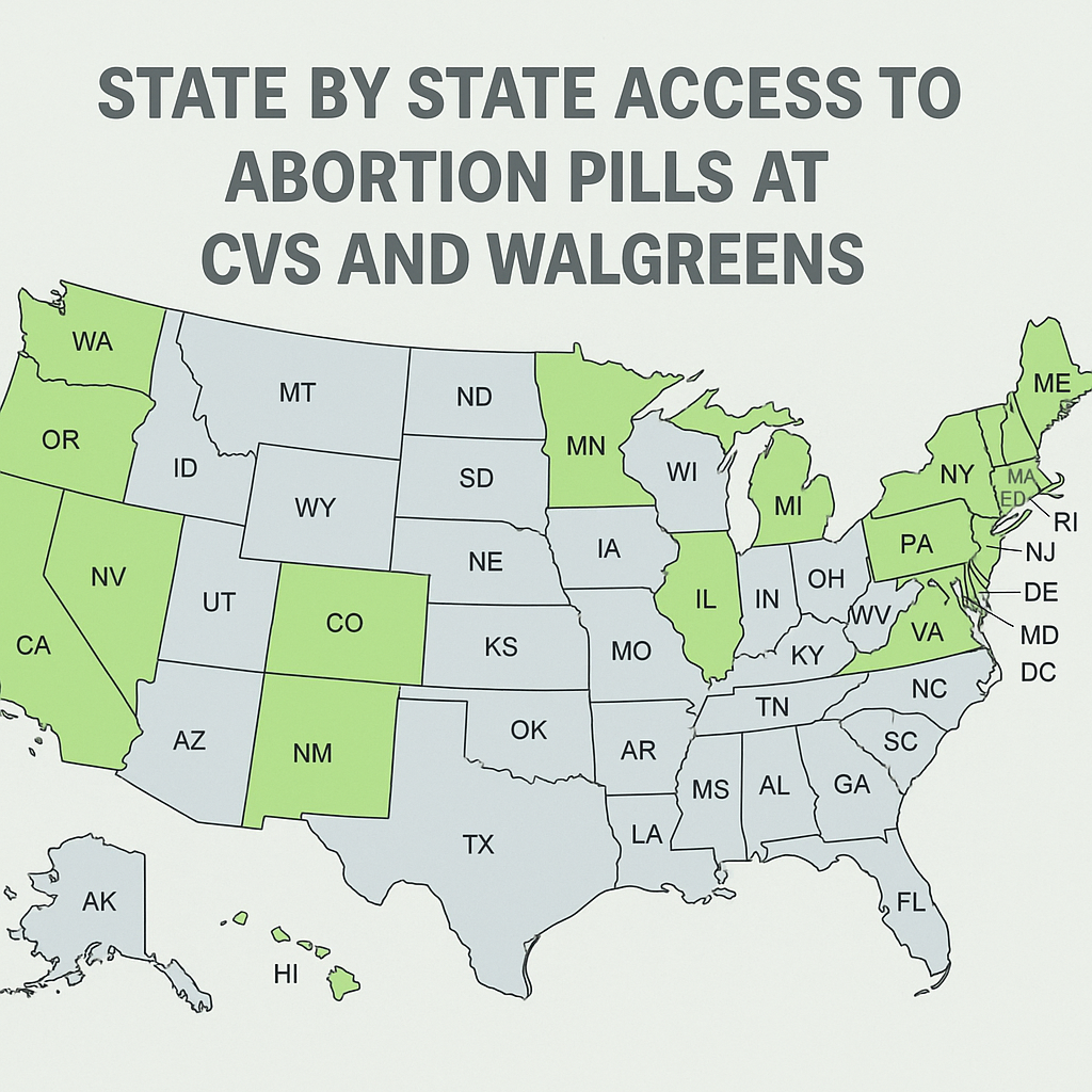 U.S. map highlighting states that allow access to abortion pills via telehealth, including California, New York, Illinois, and others
