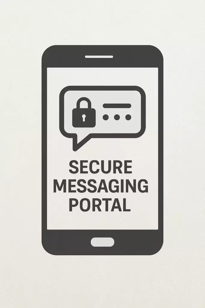 A flat-style digital illustration showing a smartphone screen with a secure messaging portal, representing confidential abortion care through SameDayAbortionPills.com