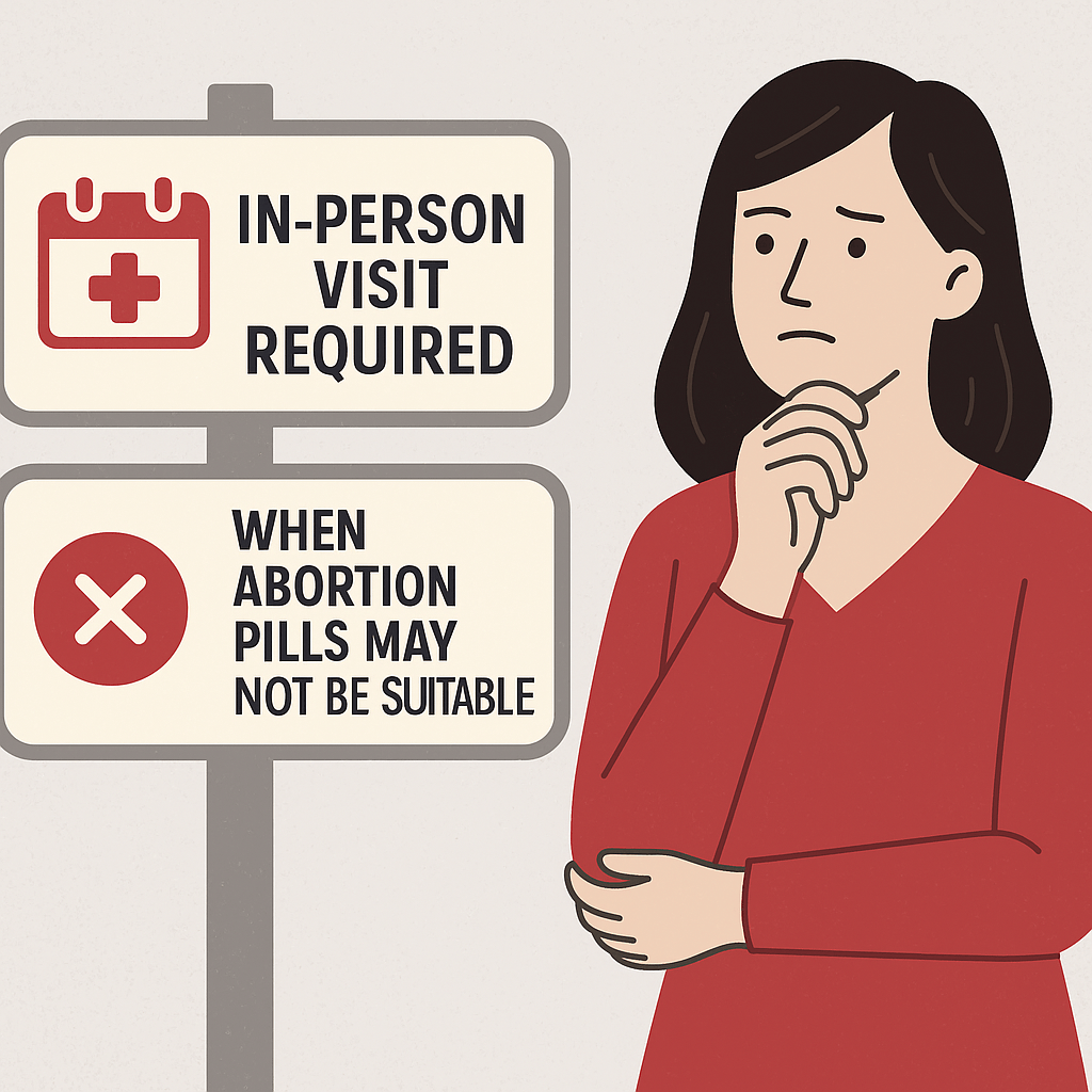 A digital illustration showing a woman in a clinic waiting room with a question mark above her head, symbolizing when an in-person visit may be required or when abortion pills might not be suitable