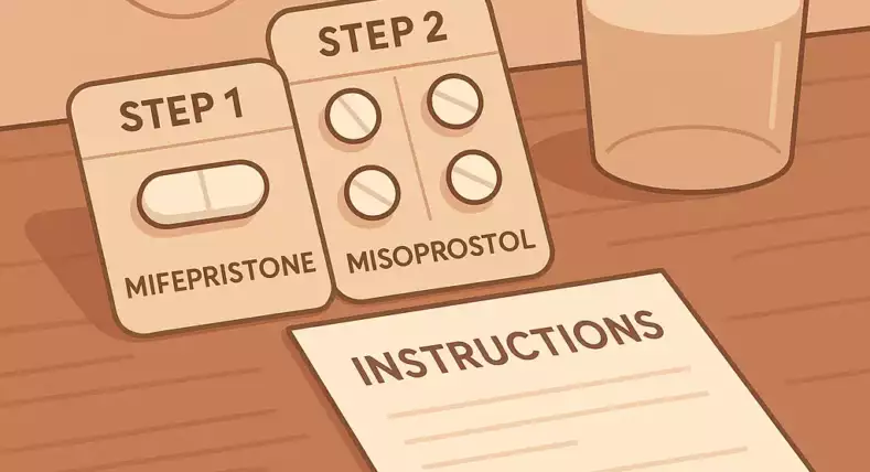 Illustration of mifepristone labeled as Step 1 and misoprostol labeled as Step 2 on a table with a glass of water and printed instructions, representing how to safely take abortion pills at home