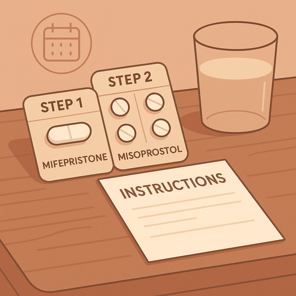 Illustration of mifepristone labeled as Step 1 and misoprostol labeled as Step 2 on a table with a glass of water and printed instructions, representing how to safely take abortion pills at home