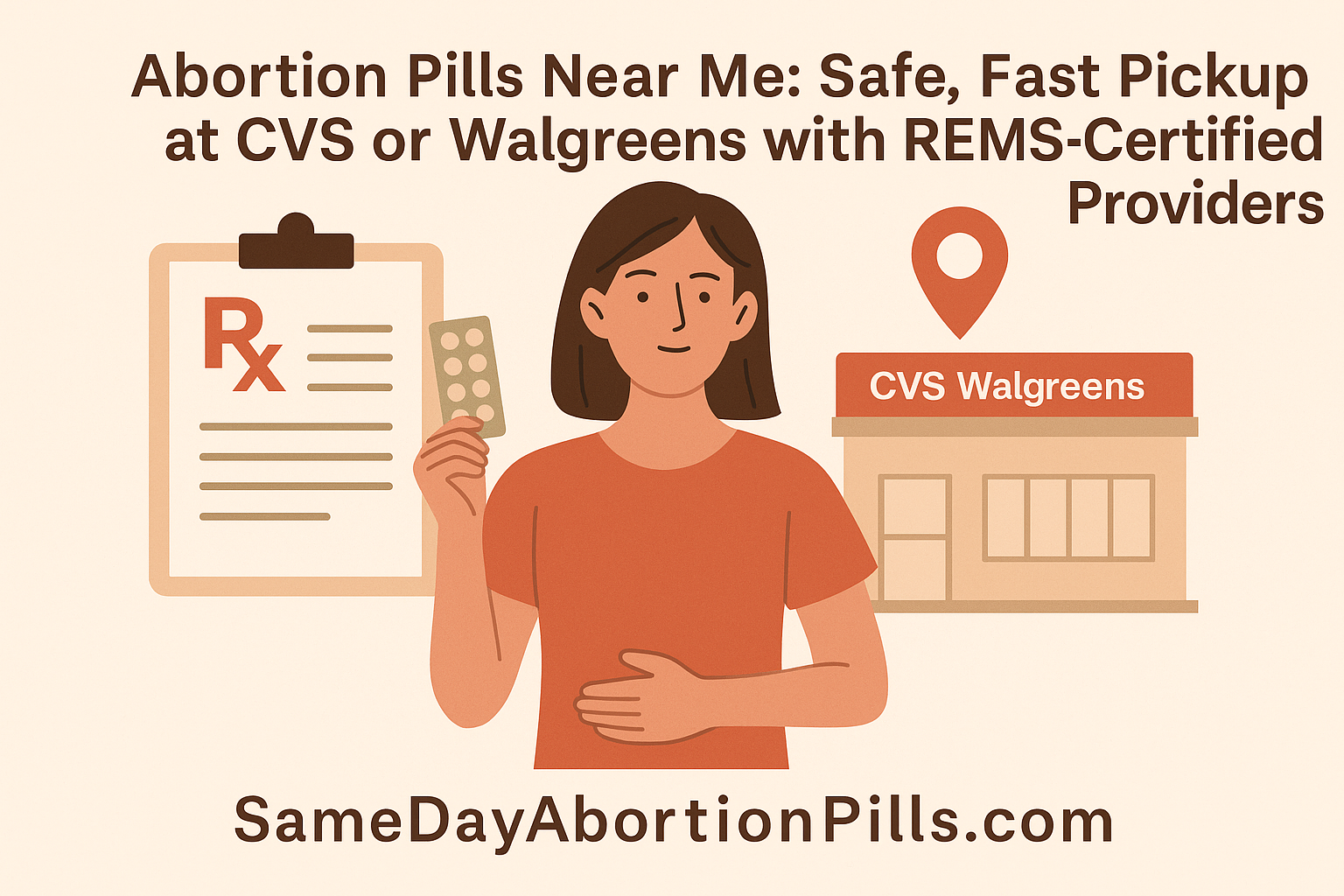 Illustration of a woman holding abortion pills next to a CVS/Walgreens pharmacy and prescription clipboard, highlighting fast and safe pickup with REMS-certified providers